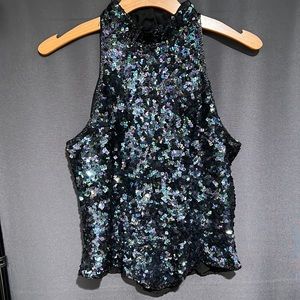 Gorgeous vintage square sequin iridescent black blue purple tank top